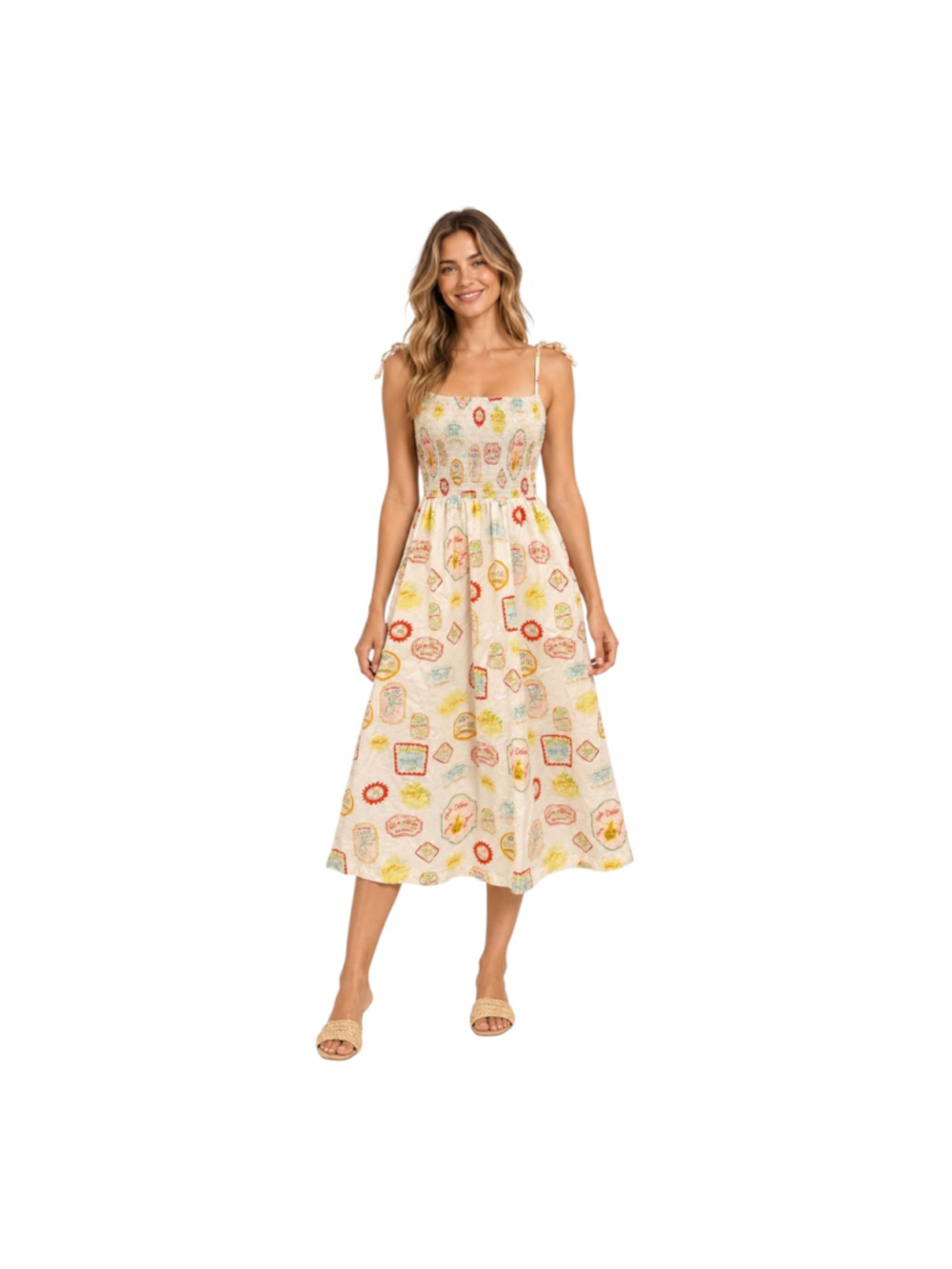 Cynthia Rowley Olive Oil Print Smocked Cotton Midi Dress M